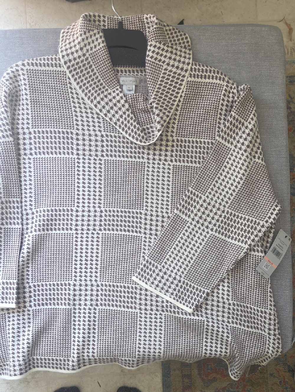 Multiples Cream and Brown Patterned Shawl-Neck Sweater